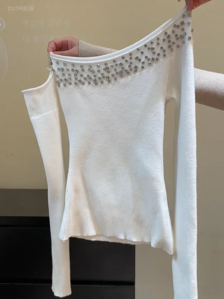 Spring Autumn New White Bottoming Knitted Pullover Skew Collar Long Sleeve Tops Mujer Y2k Slim Fit Diamond T-shirt For Women