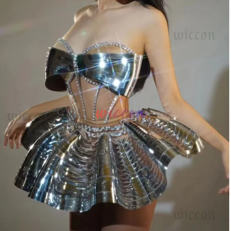

Women Sexy Diamonds Activity Clothing Club Celebrate Stage Wear Cosplay Costume Outfit Sparkly Gold Silver Top 2PCS Skirt Sets