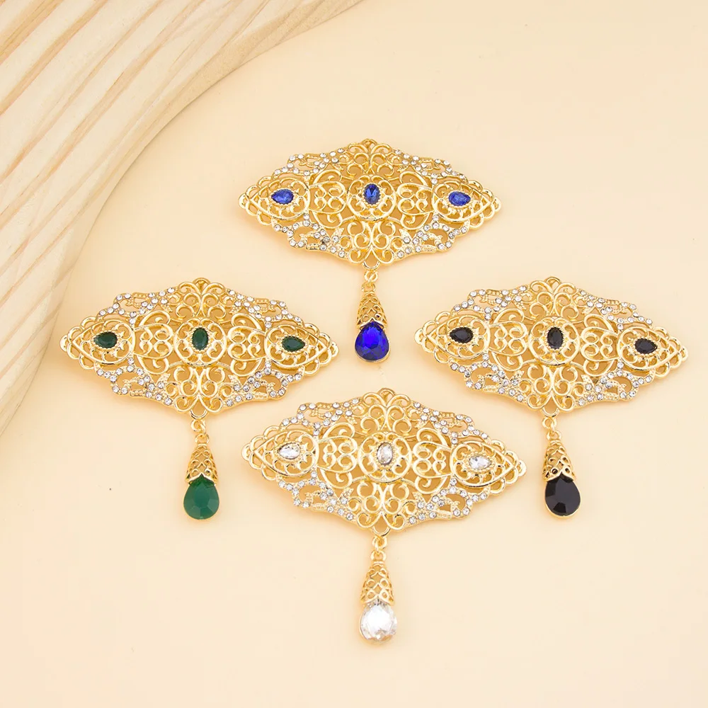 Sunspicems Gold Color Moroccan Caftan Brooch Pins For Women Arabic Bridal Jewelry Hollow Paisley Pattern Crystal Pendant