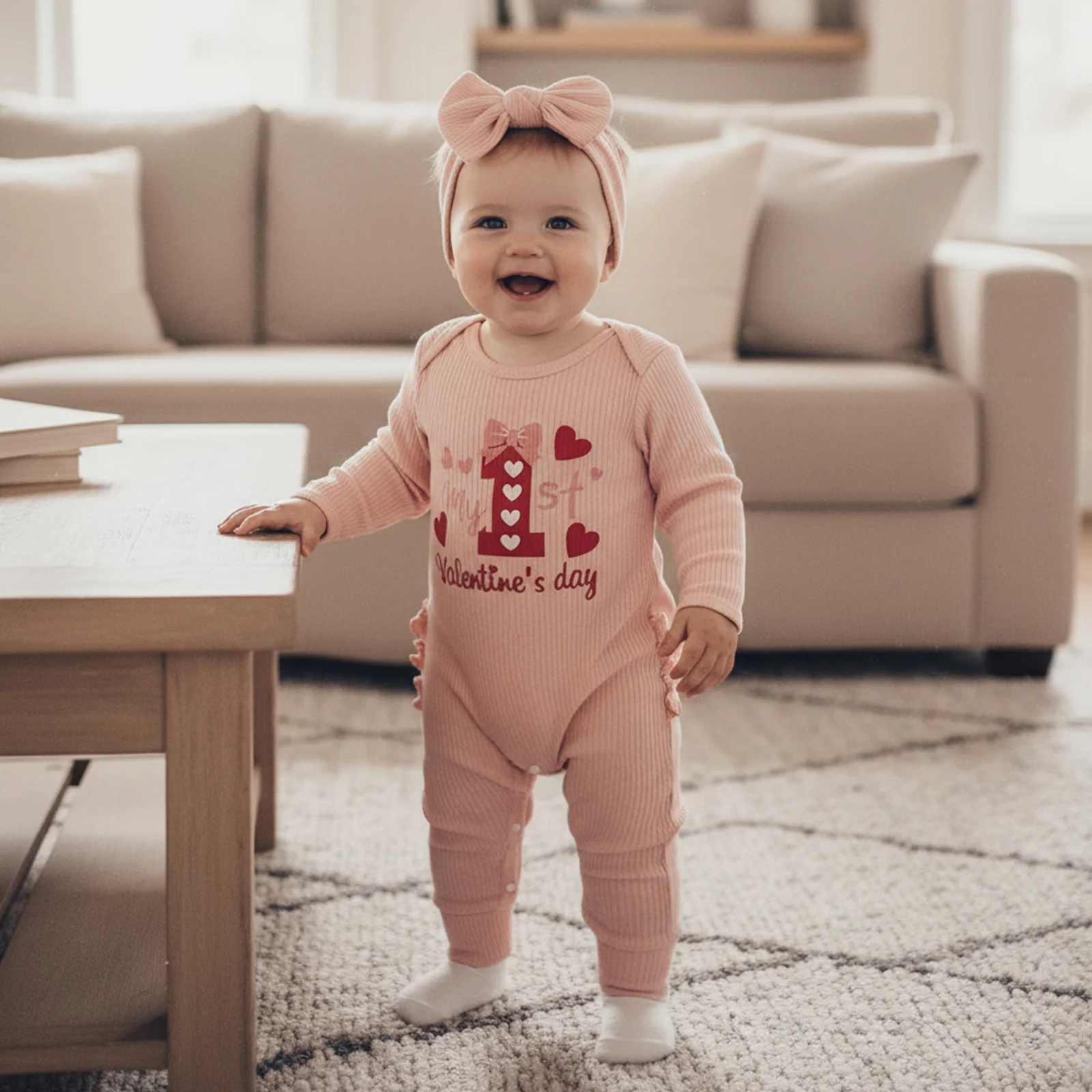 

Комплект для новорожденных девочек на День святого Валентина 2026: комбинезон с длинным рукавом и принтом в виде сердца, с повязкой на голову, вафельный ромпер