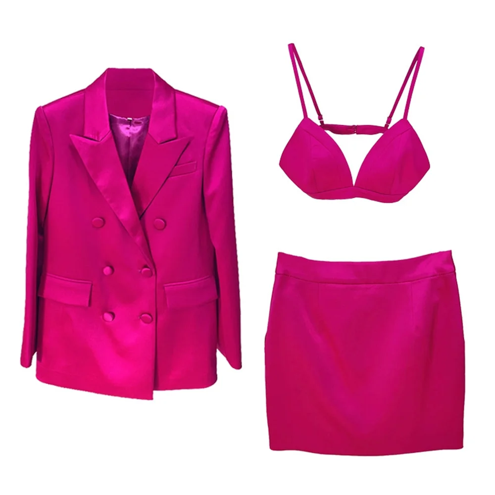 Women's Suits Skirts Blazer Sets Purple New Bright Satin Double Breasted Blazer Suspenders Mini Skirt 3 Piece Short Sets