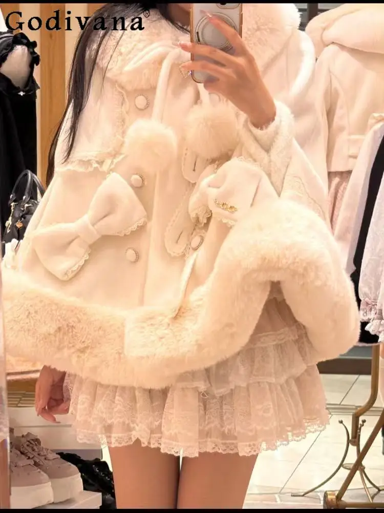 

Winter French Elegant Lady Design Lace Trim Bow Cape Coat Gentle Sweet Cute Doll Feel Thick Woolen Coat