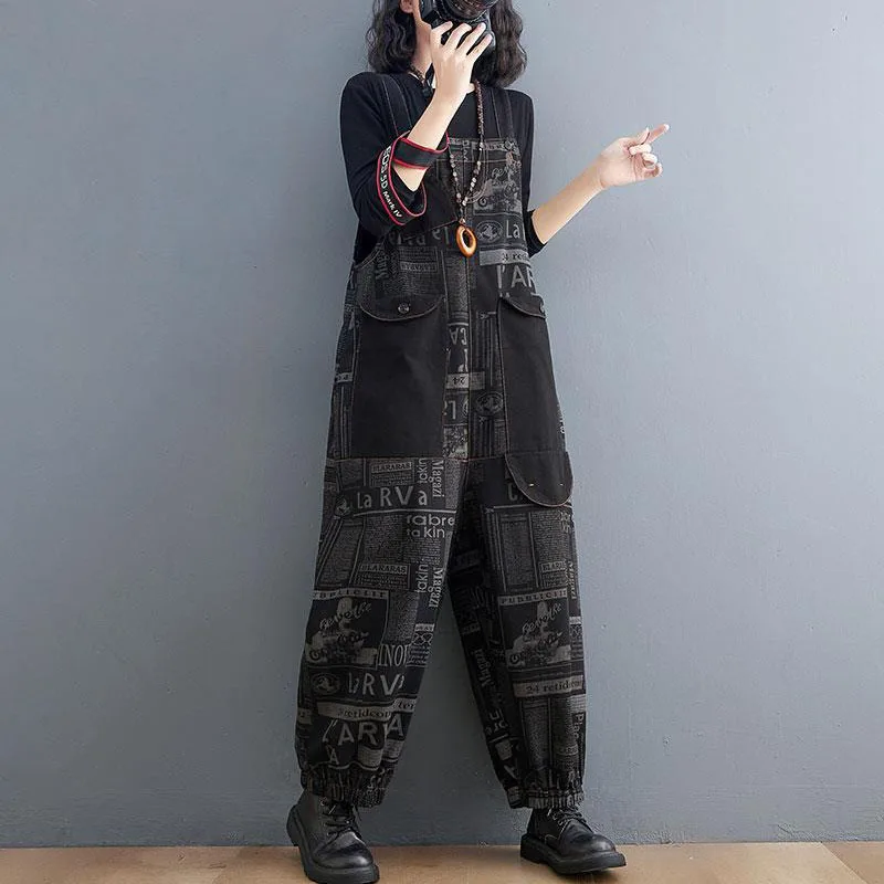 New Autumn Winter Women's Denim Jumpsuits, Loose Printed Overalls, Retro Fashion Female Casua Shoulder Straps Denim Trousers
