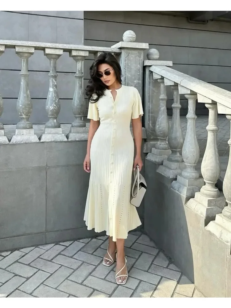 Women Fashion V Neck Short Sleeved Elegant Solid Cut Out Knitted Maxi Dress Single Breasted Slim Dresses Lady Casual Robe