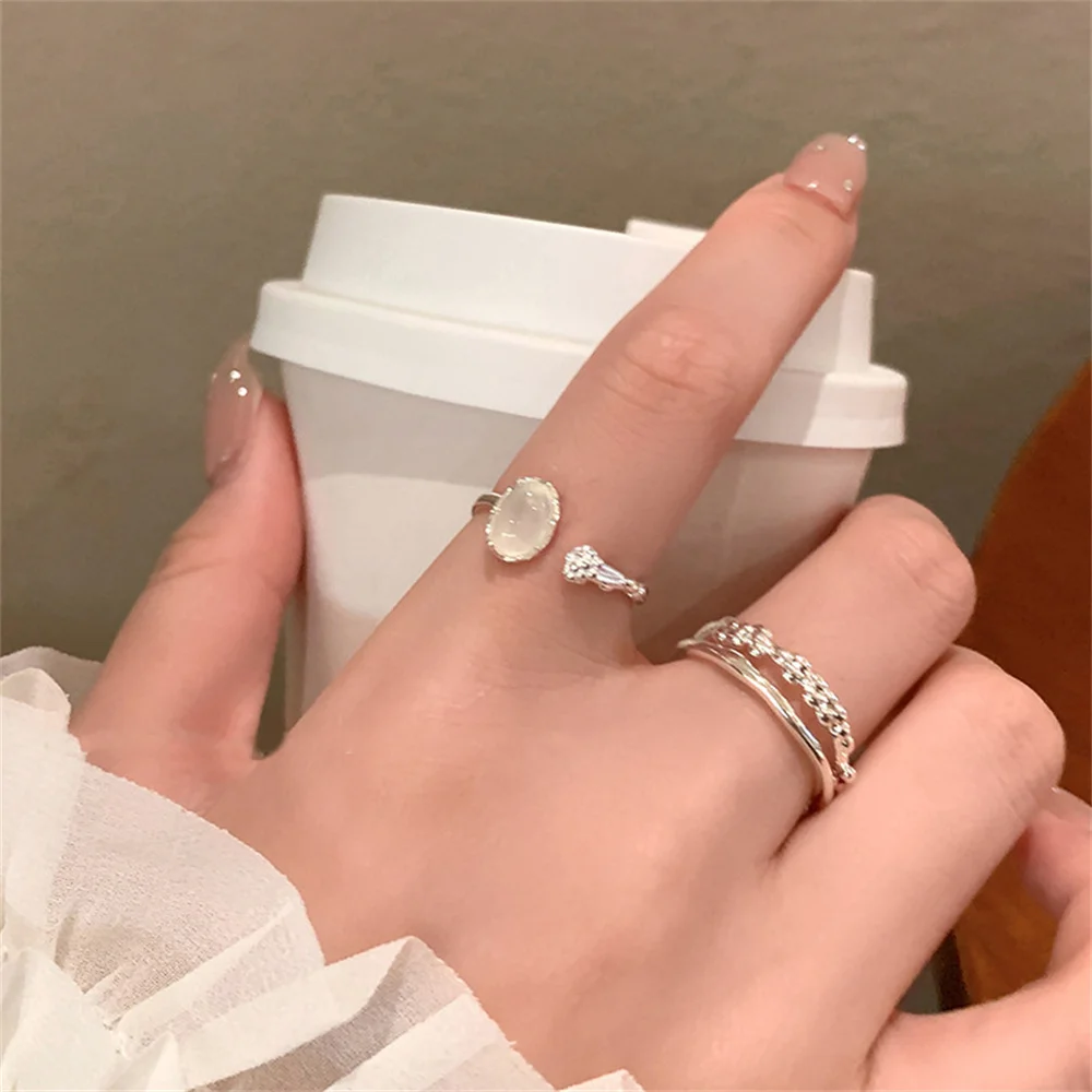 Simple Oval Moonstone Cuff Ring Silver Color Adjustable Ring Set Irregular Multi-layered Jewelry Fashion Party Gift