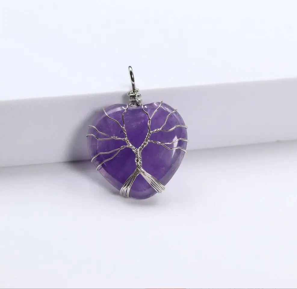 1PC atural roses quartz stone tree of life gold color wire wrapped love heart Pendants for necklace jewelry marking F1698