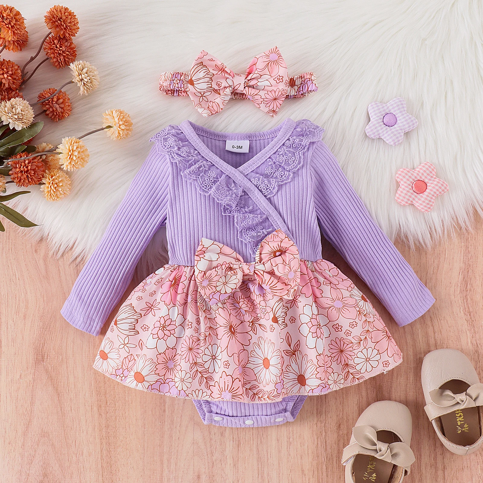 2PCS Autumn Girls Aged 0-1 Are Sweet And Cute, Multi-Color Long-Sleeved Lace Collar One-Piece Skirt + Hair Band