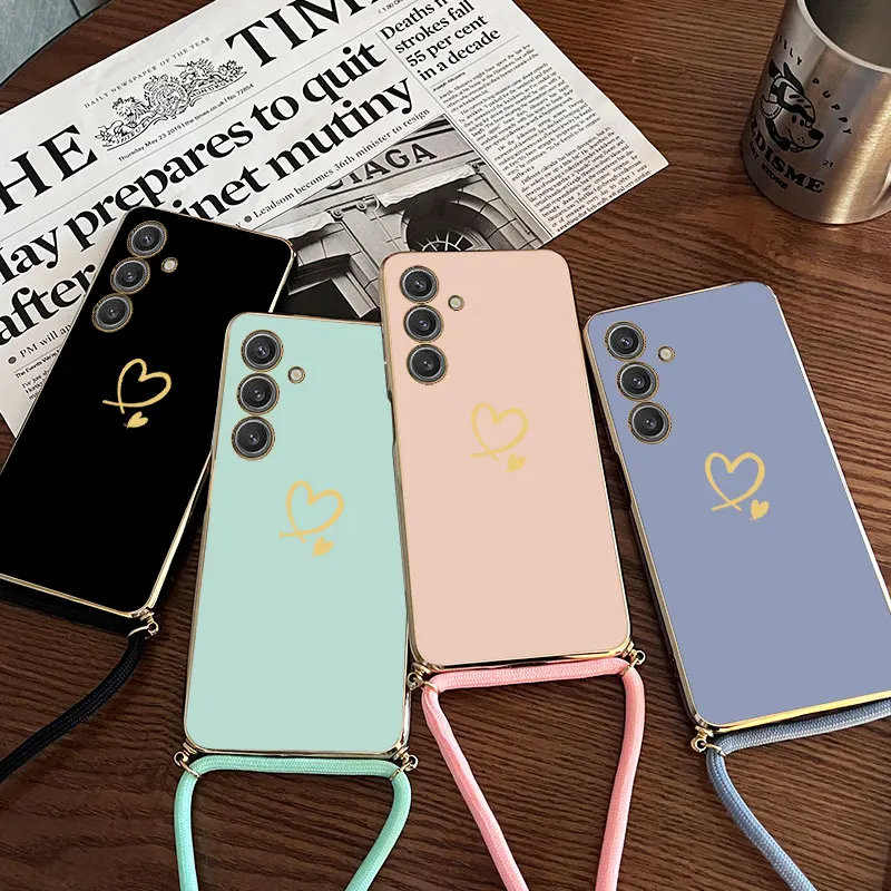 A55 Twin Hearts Lanyard Plating Phone Case For Samsung A55 A04S A34 A05S A35 A54 A15 A14 A24 A25 M15 F54 F15 M14 M54 Cover