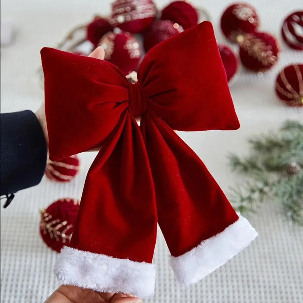 

DIY Xmas Trees Pendant Velvet Red Bow Christmas Bow Decoration Knot Baubles Hanging Ornaments for Holiday Home Party Decorations