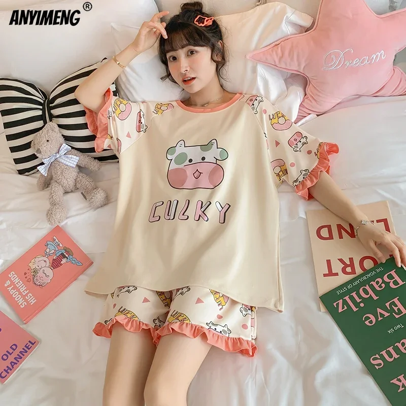 Plus Size Womens Pajamas M-5XL Summer Shorts Sleepwear Leisure Womans New Big Size Ladies Cute Cartoon Printing Pyjama Home Suit