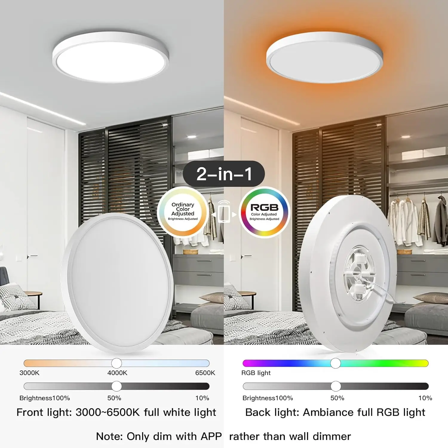 Taloya-RGB luz ambiente, compatível com Alexa, Flush Mount luz de teto, luz do dia, ajustável por App, 12 ", 3000K a 6500K