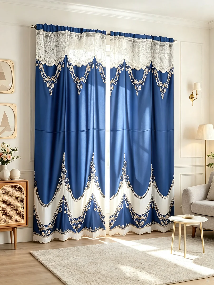 2PCS Digital Printed Curtains, Blue European Damask Lace Valance Pattern, Elegant Classic Style for Bedroom Living Room Decor