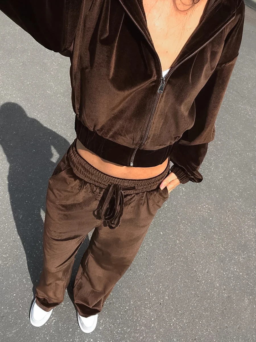 Velvet Solid Cropped Jacket Women Autumn Long Sleeve Zipper Hoodies Outerwear+Drawstring Pants Vintage Fashion Sport 2 Piece Set