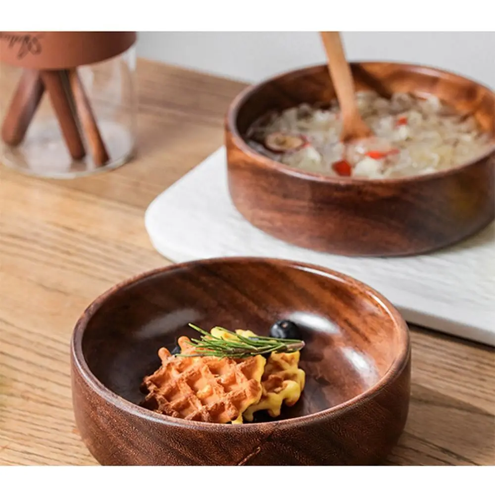 Practical Stackable Solid Wood Bowl Round Handmade Wooden Salad Plate Sturdy Easy To Clean Snack Serving Tray Sushi