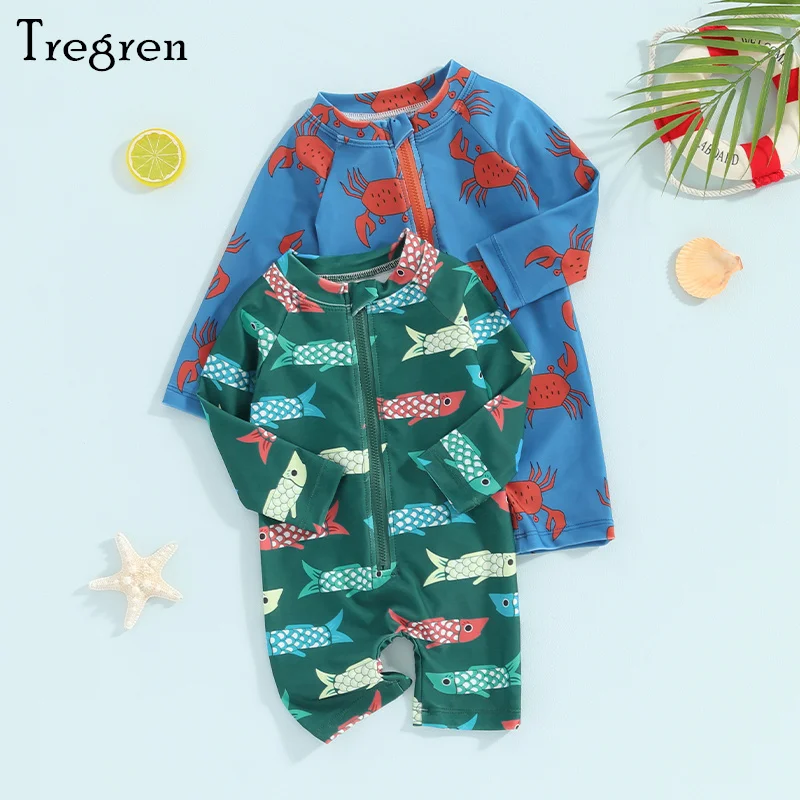 

Tregren Toddler Baby Boys Swimsuit Sun Protection Long Sleeve Crewneck Ocean Animal Print Zipper Swimwear Summer Bathing Suits