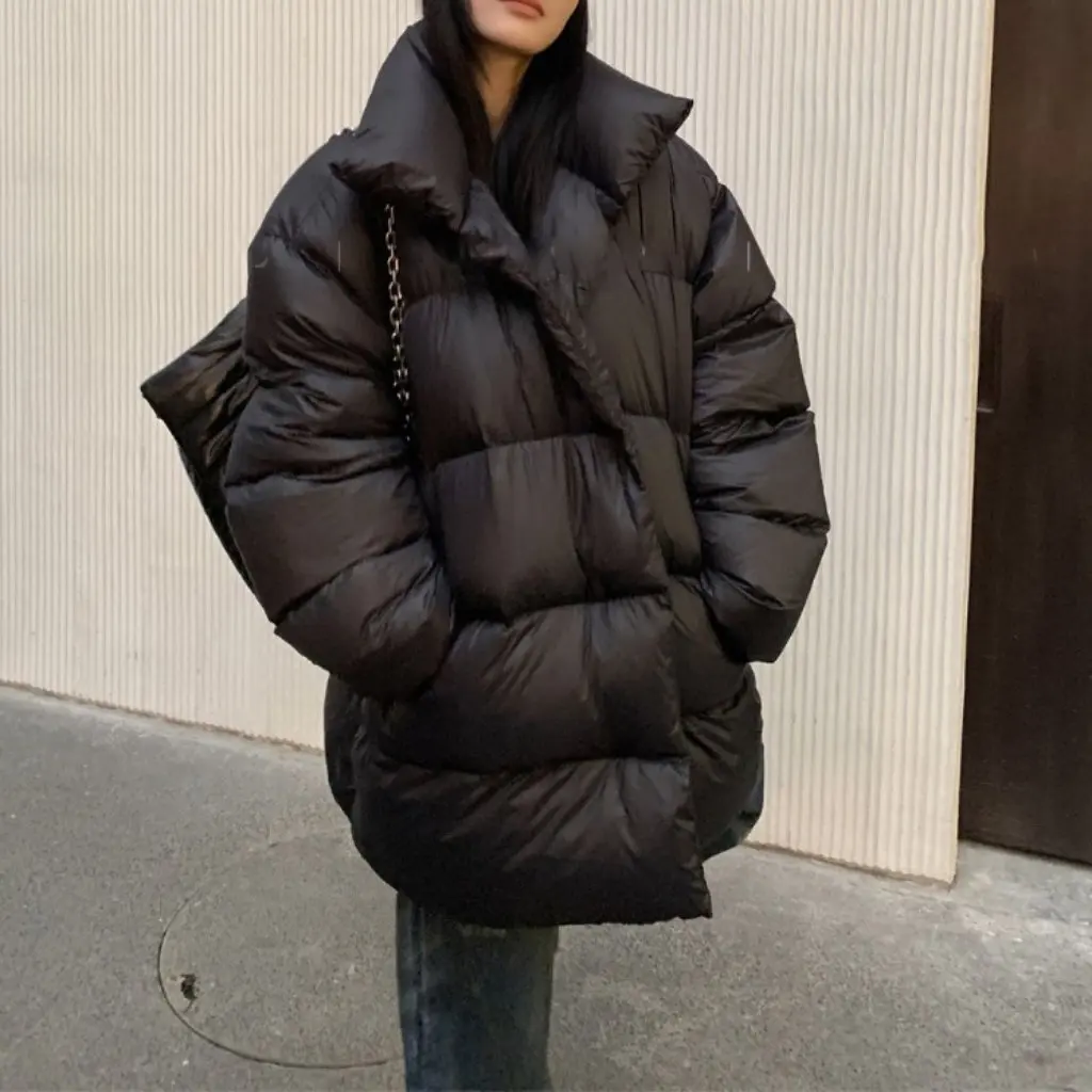 

Женская черная хлопковая верхняя одежда средней длины, свободная посадка, утепленный теплый воротник-стойка, стиль хлеба для осенне-зимней моды