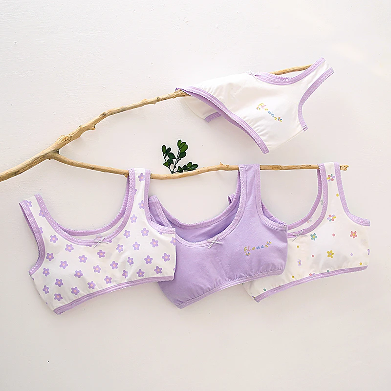 1pcs Girl Purple Flowers Bra Set Teens Comfy Underwear Set Children Cotton Breathable Bras Size 130-160