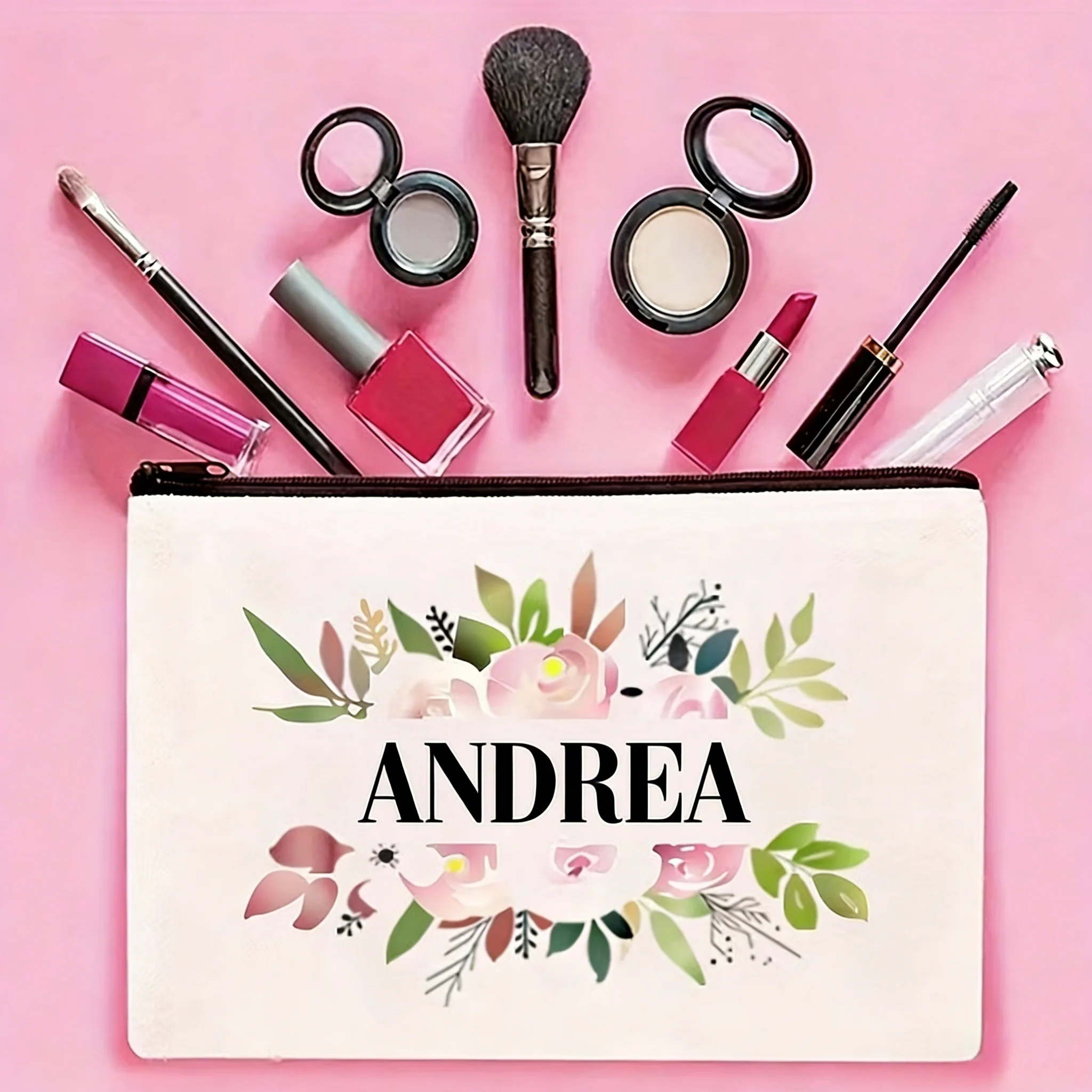 Personalized Custom Name Makeup Bag, Bright Floral Design, Durable Canvas Polyester Material, Zipper Closure, Lightweight bag