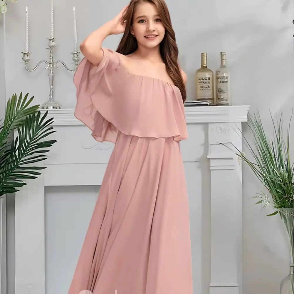 DJH Off Shoulder Junior Bridesmaid Dress Flower Girl Dress Chiffon Floor Length With Elegant Pleats For Girls Formal Event