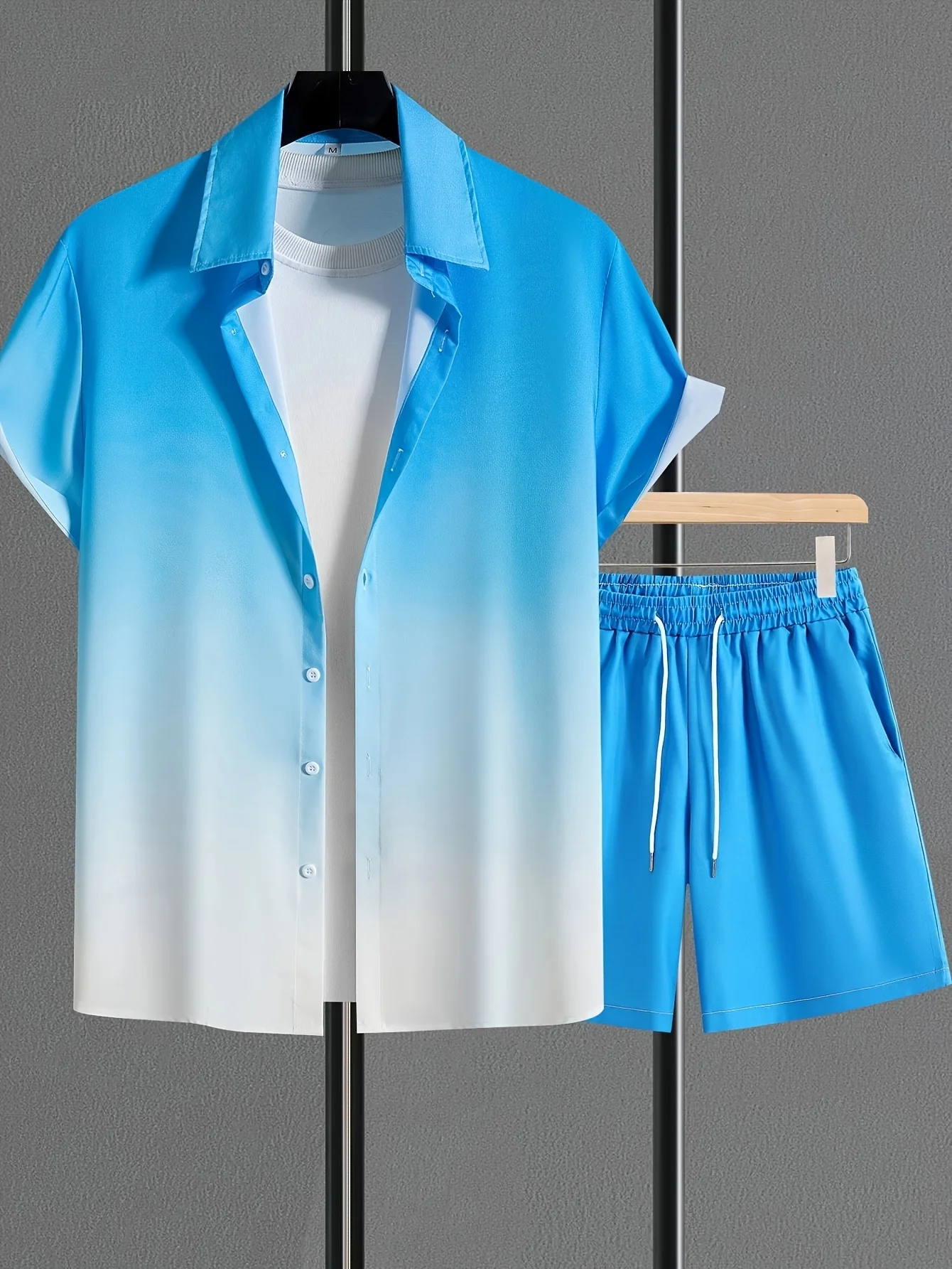 

Мужские шорты и рубашки с градиентным принтом, комплект из 2 предметов, летняя пляжная одежда с завязками на талии, повседневная одежда, тропический принт, азиатский размер