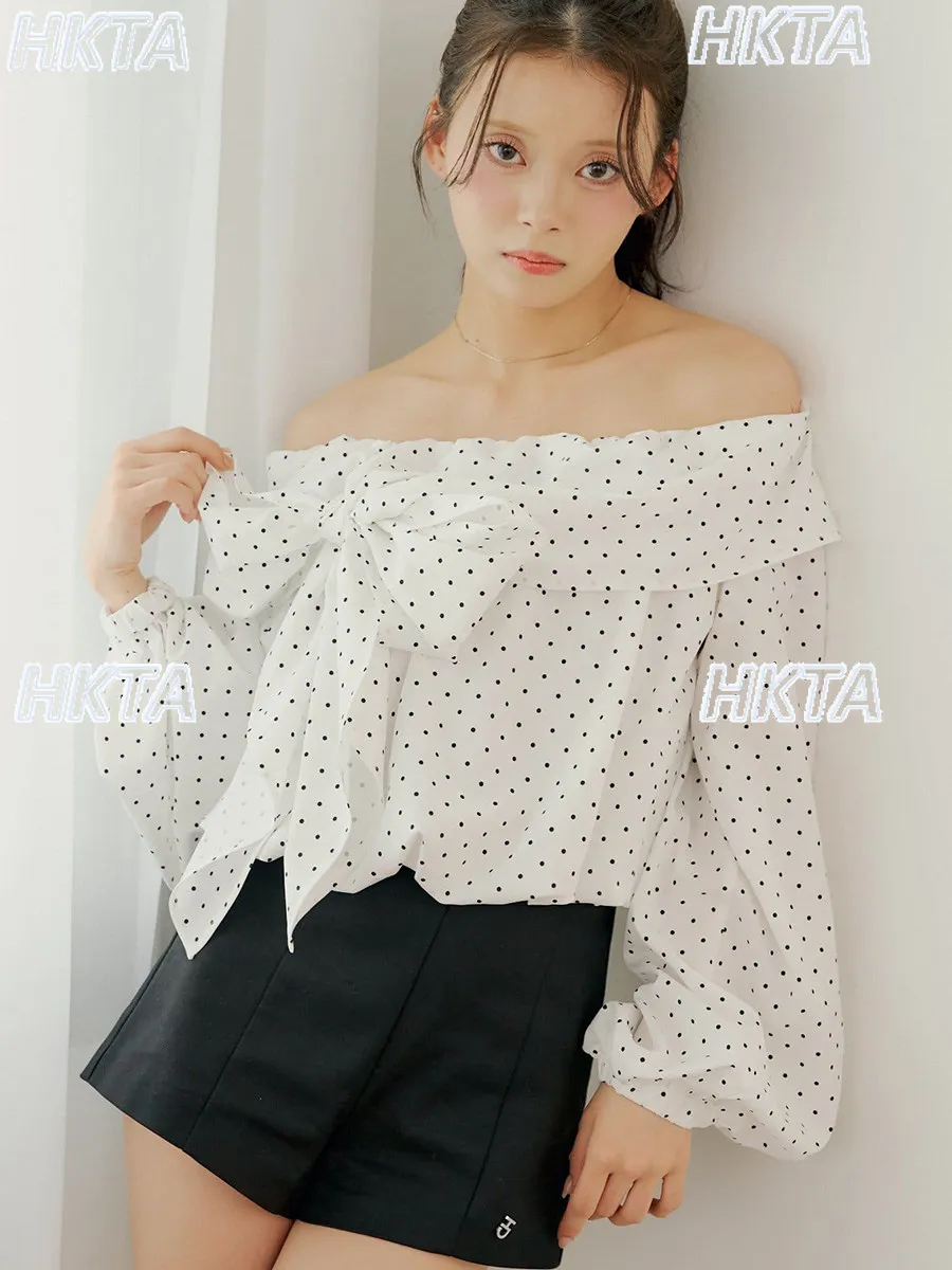 Japanese commuter temperament summer one word collar off the shoulder straps polka dot bow shirt top loose chiffon blouses women