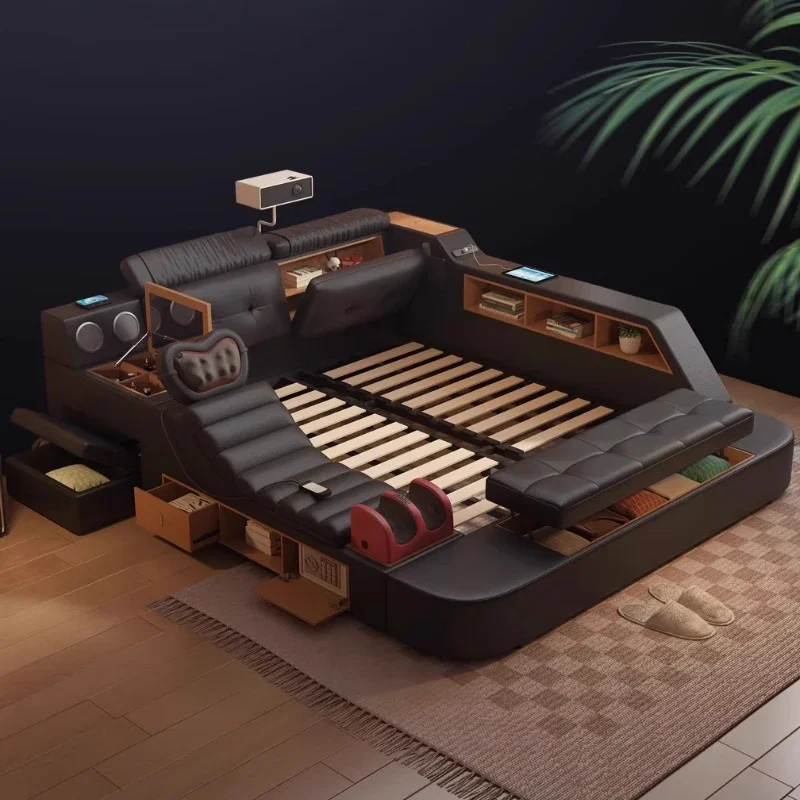 

Deluxe With Storage Box Speaker Massage Equipped With Projector Leather Queen Size Bed Frame Bedroom Furniture Beds Double bed