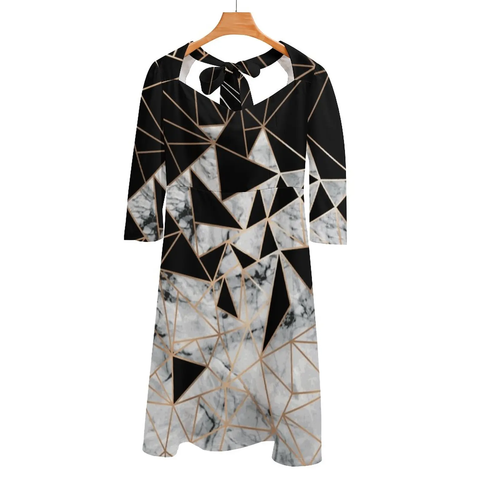 Marble Polygon Pattern Back Lacing Backless Dress Women Kawaii Square Collar Dress 6Xl Marble Polygon Gold Copper Black White