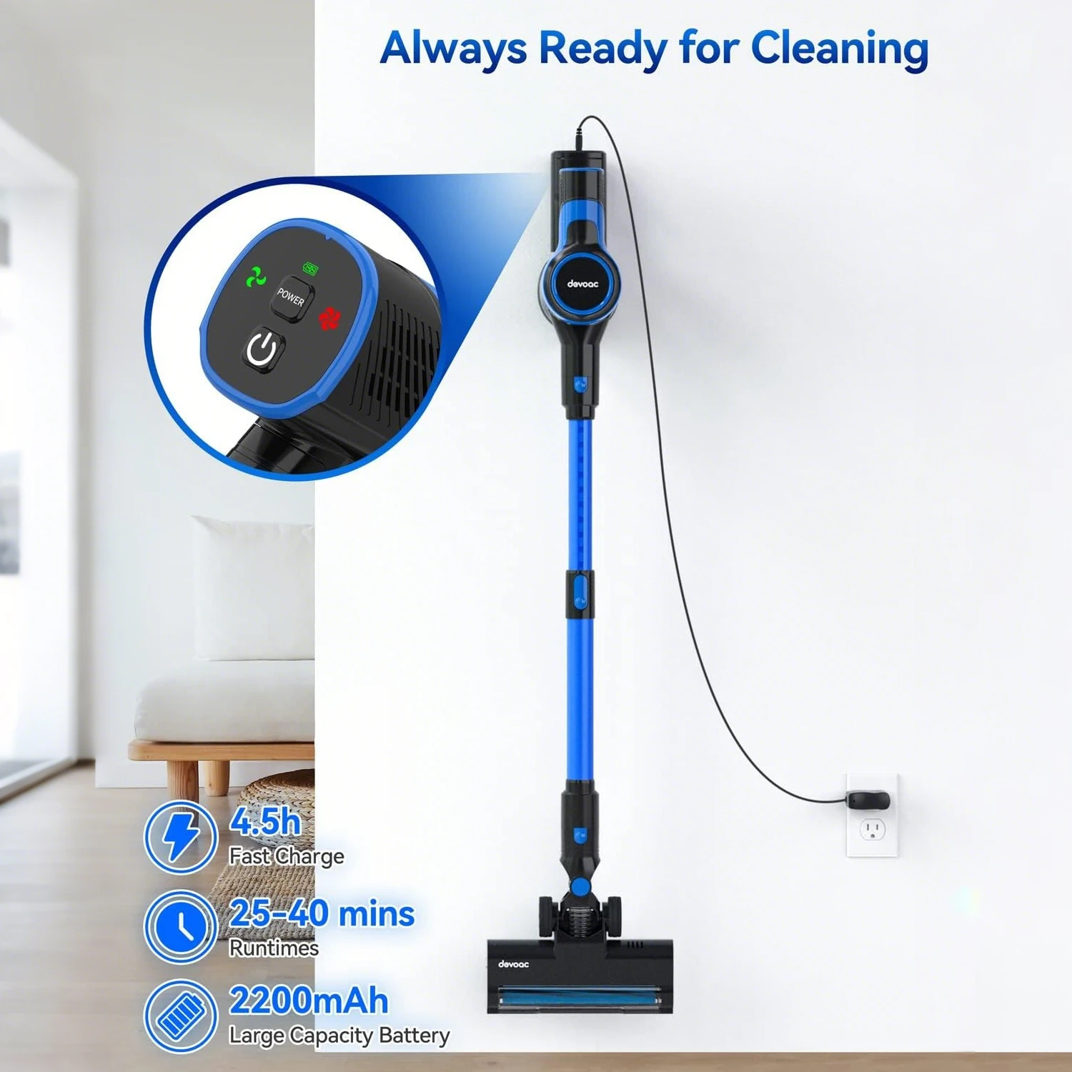 Devoac V50 Cordless Vacuum Cleaner, Lightweight Vacuum Cleaner with Rechargeable Battery, Convenient 6 in 1 Stick Vacuum Cleaner