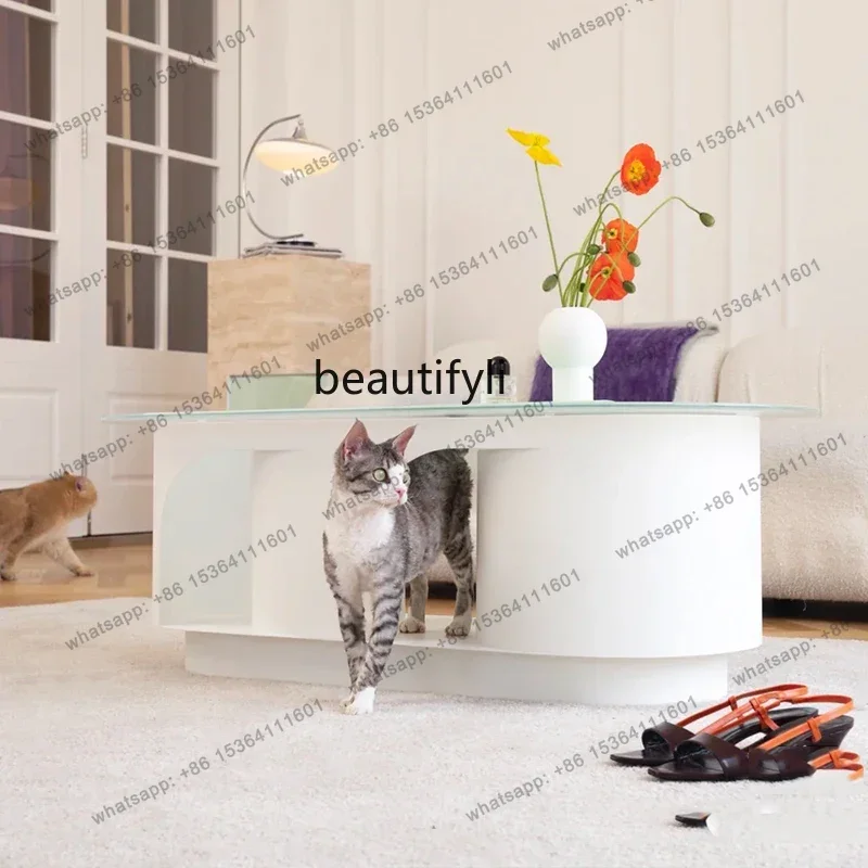 Nordic Tea Table Light Luxury Glass Table round Modern Design Living Room Cattery Tea Table Cat Nest Shared Small Apartment A16