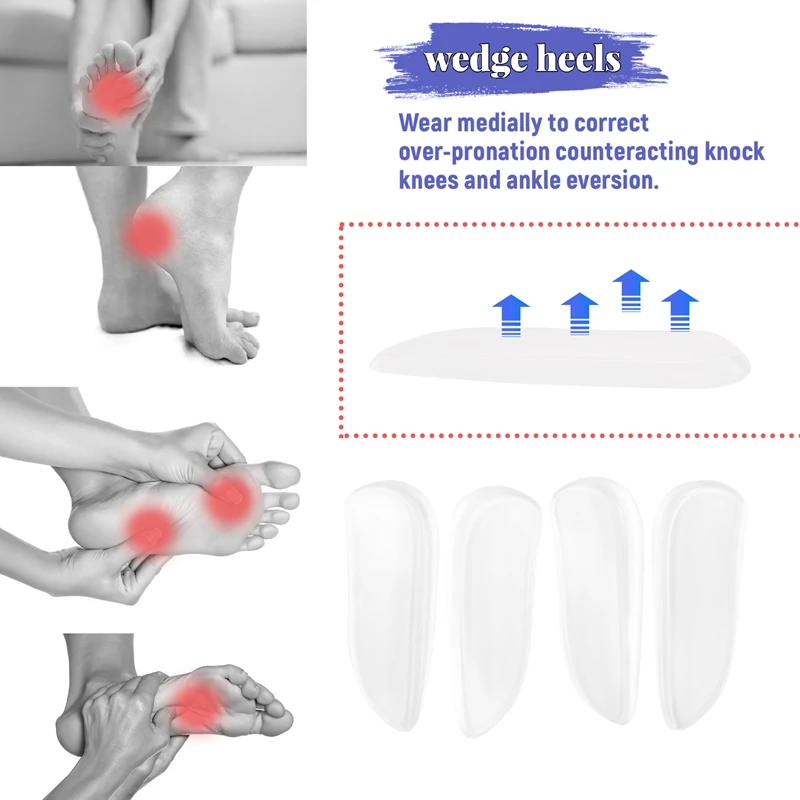 ABUM-2 Pairs Medial & Lateral Heel Wedge Silicone Insoles - Corrective Adhesive Shoe Inserts For Foot Alignment, Knock Knee Pain