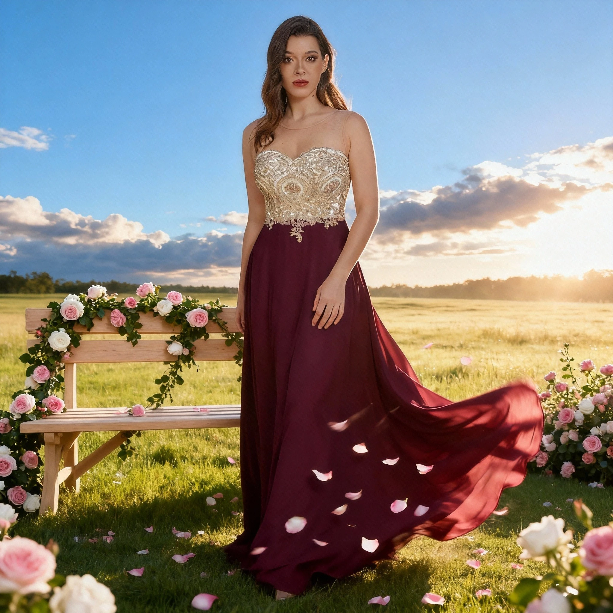 Elegant Chiffon Sweetheart Bridesmaid Dresses with Gold Applique Bodice A Line Long Wedding Party Dress Burgundy Evening Gowns