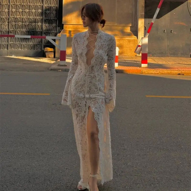 Spring and Autumn Casual Temperament Banquet Sexy Lace Patchwork Street Slit Deep V-Neck Long Sleeved Dress Woman