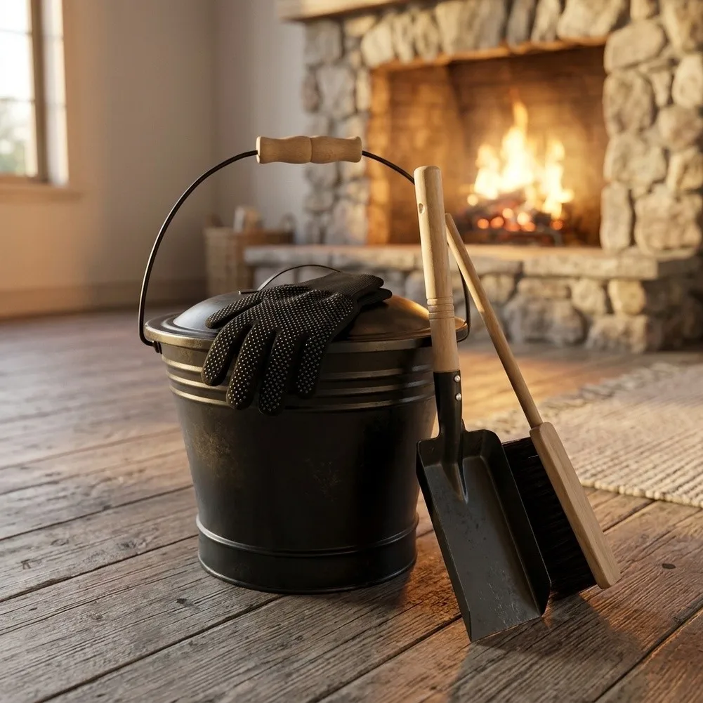 Fireplace Ash Bin Tool Set, Includes Ash Shovel, Cleaning Brush And Heat‑Resistant Gloves For Convenient Fireplace Ash