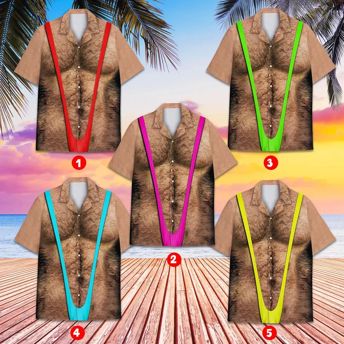 Men Funny 3D Hairy Chest Print Hawaiian Shirt Novelty Fun Short Sleeve Button Down Beach Shirt For Party Vacation Casual Blouse