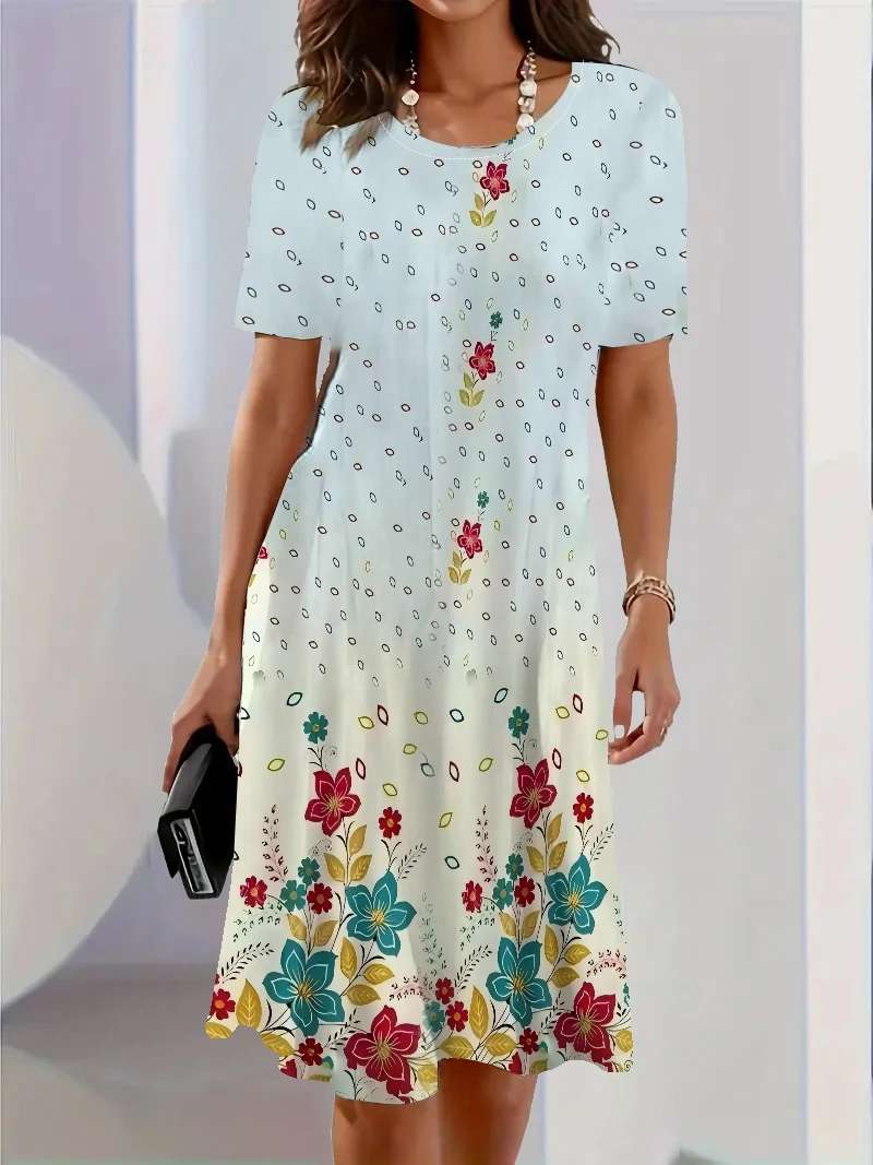 Modieuze bloemenprint gradiënt ronde hals korte mouwen trui T-shirt jurk voor dames retro etnische stijl jurk strandkleding