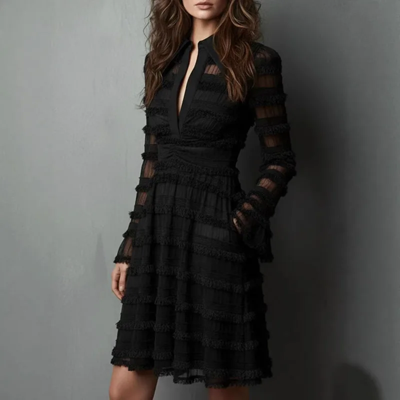 

Sexy Sheer Mesh Fringe Trim Mini Dress Woman Spring V Neck Ruffles Pleated Party Dresses Autumn Long Sleeve Ruched Bodycon Dress