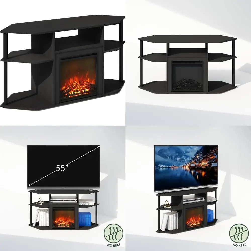Soporte de TV esquinero con chimenea eléctrica decorativa y almacenamiento abierto, centro de entretenimiento para televisores, postes de plástico incluidos