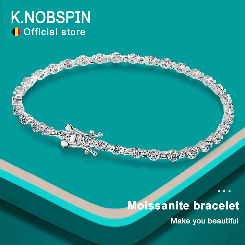 KNOBSPIN 3mm D VVS1 Moissanite Tennis Bracelet Solid s925 Sterling Silver Plated 18k White Gold with GRA Bracelets for Women Man