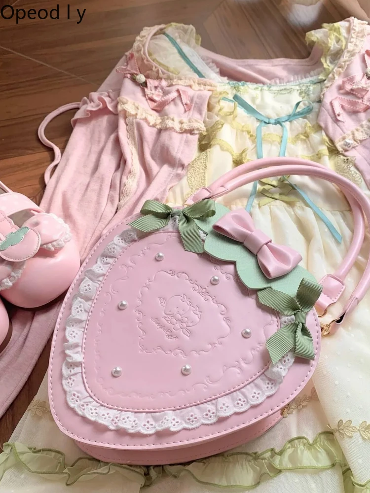 

Sweetheart Girl Japanese Original Lolita Strawberry Handbag Cute Doll Feeling Bow Pearl Lace Versatile Handbag for Women