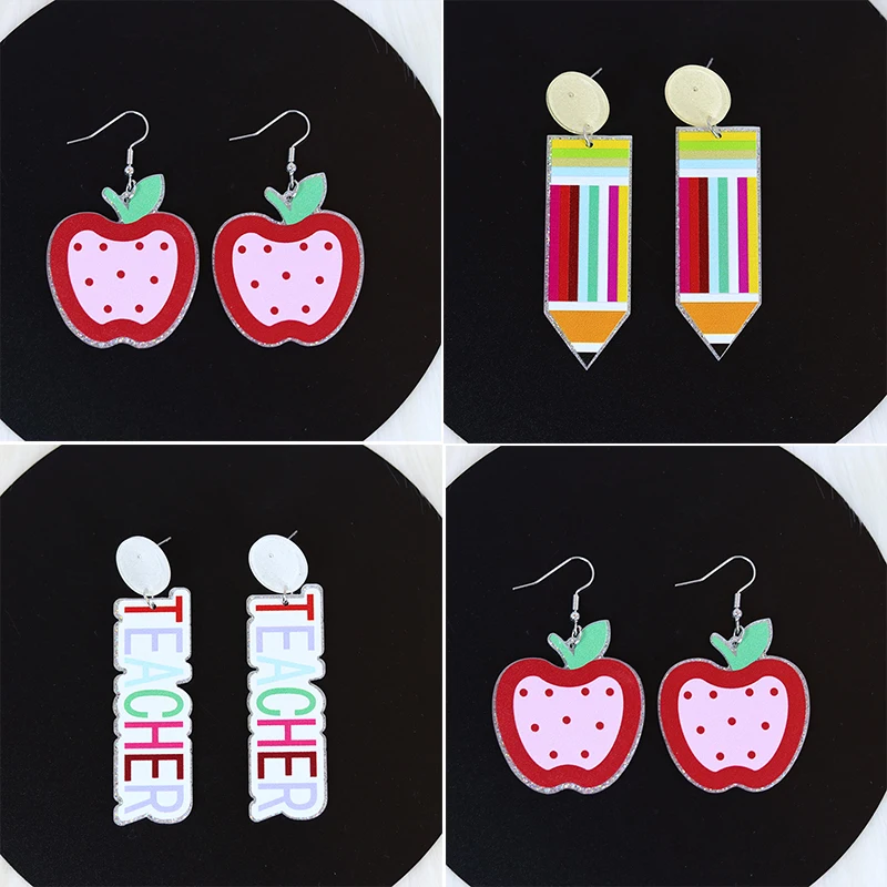 New Teacher's Day Earrings Personalized Red Apple Colorful Pencil Letter Acrylic School Earrings Students Teachers Decorative