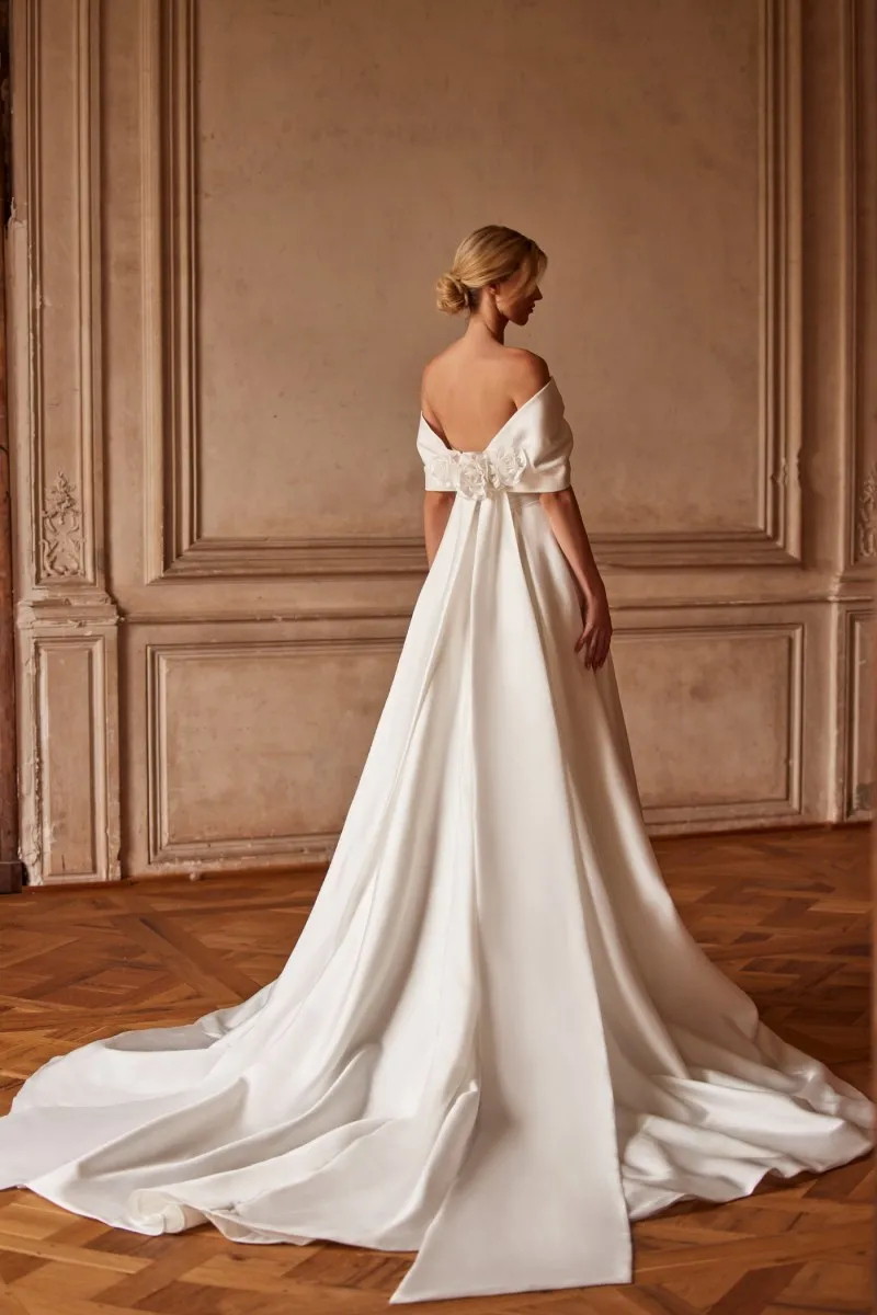 Robe de Mariée Trapèze Sexy à Manches Courtes, Vêtement Éducatif avec Fente Élevée, Plissé avec Fleurs 3D, Ivoire, Mikado, Nouvelle Collection