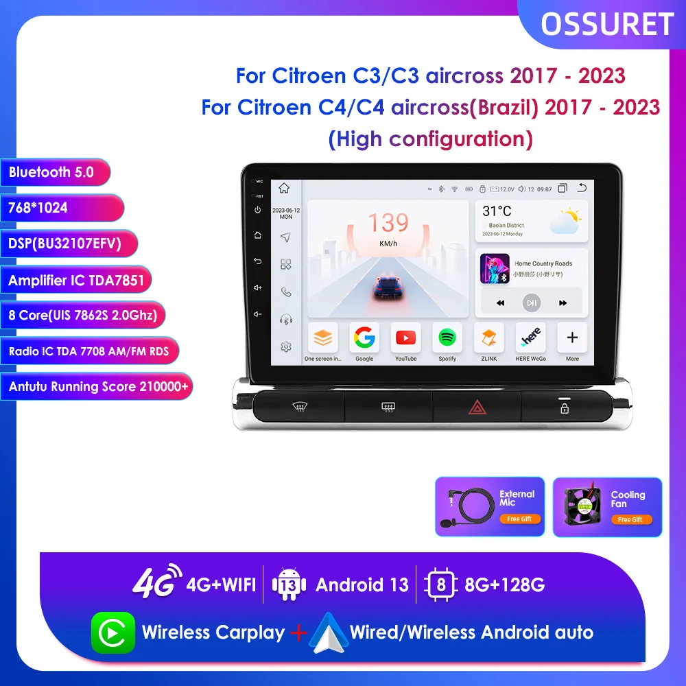 Para Citroen C3/C3 Aircross C4/C4 Aircross (Brasil) 2017-2023 (alta configuración) con sistemas inteligentes de coche compatible con RDS BT WIFI