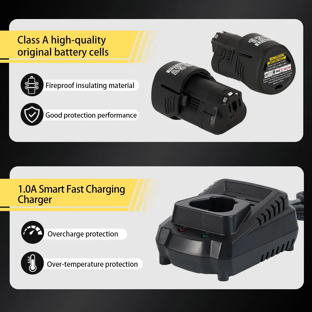 Bateria sem escova SNUOK 12V 2.0Ah suporta substituição de rebarbadoras, chaves de fenda, ferramentas elétricas para baterias de lítio Bosch