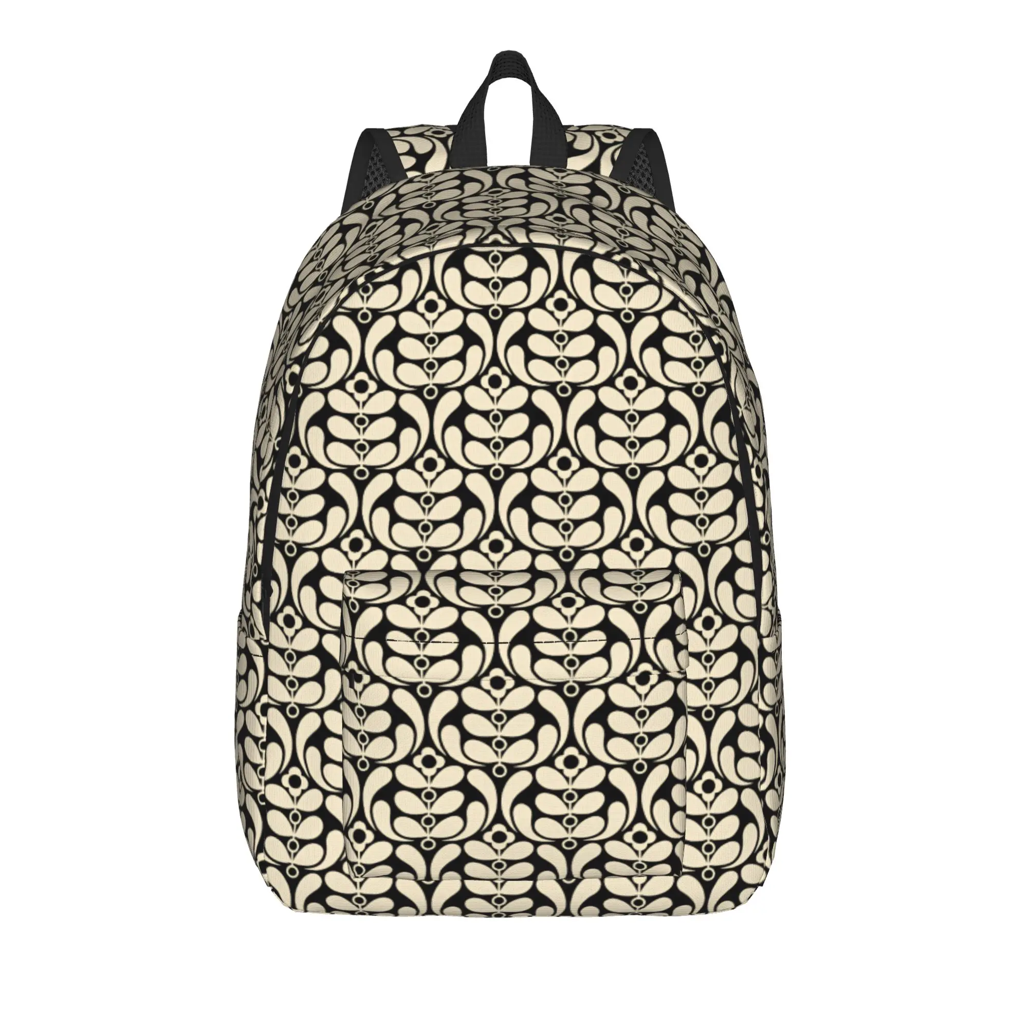 Cream Abstract Floral Stem Vertical Repeat Black Wallpaper Pattern Backpack  Women Men Polyester Hiking Backpacks Lightweight