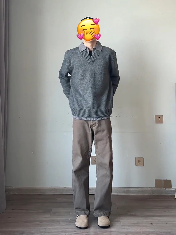 

Американский ретро-свитер с V-образным вырезом, мужской, весенний, парный, вязаный, свободного кроя, с длинным рукавом, повседневная одежда