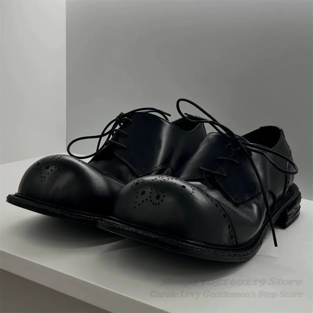Retro Black Leather Casual Leather Shoes Men Upturned Derby Shoes Big Round Toe Carved Lace Up Loafers Solid Color Shoes