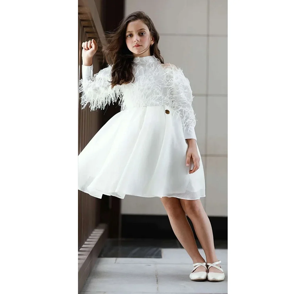 Vestidos blancos de borla de cuello alto con cola desmontable para niña, vestidos elegantes hasta la rodilla, línea A, desfile, fiesta de boda, vestidos para niños