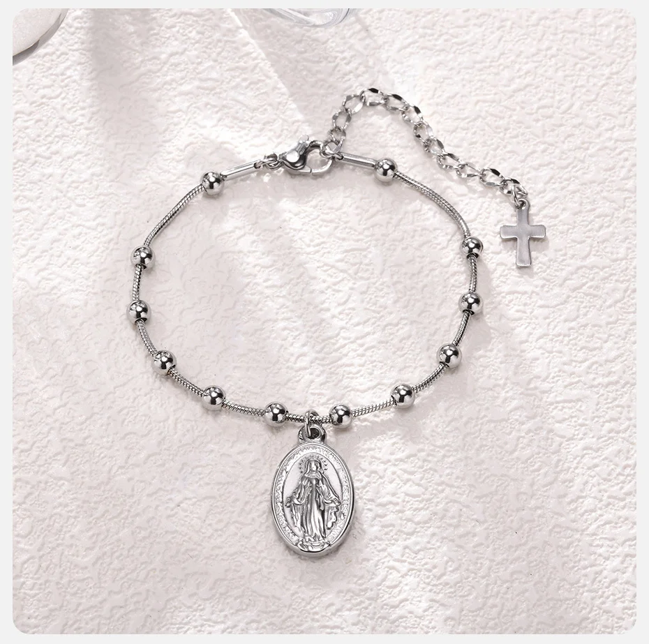 Vnox Rosenkranz Armband für Frauen Mädchen, vergoldete Edelstahl religiöse Kreuz und Virgin Mary Gebets armbänder Geschenke – Detail 7