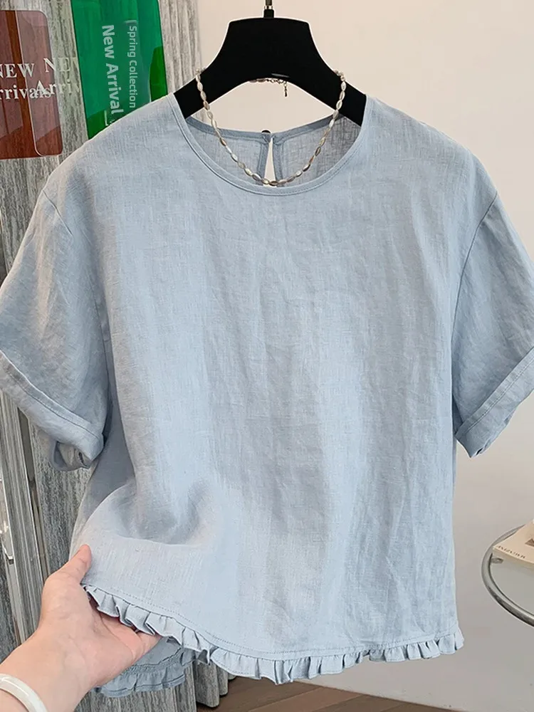 

Unique Beautiful Anti-Aging Wooden Linen Cotton T-Shirt Women Summer Fashion Short Sleeve Loose Fit round Neck Top