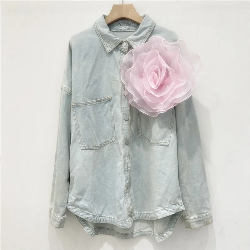 Nomikuma Spring Autumn New Three Dimensional Rose Flower Korean Versatile Denim Top Shirt for Women